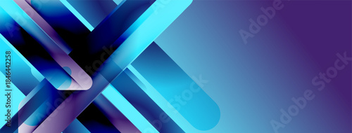 Abstract geometric shapes overlap, creating dynamic blue purple gradients. Modern design suggests technology, innovation, future concepts.