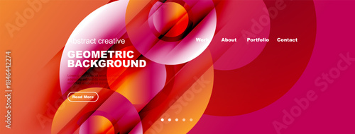 Dynamic abstract design. Vibrant pinks, oranges create flowing shapes. Text highlights geometric background, calls to action visible.