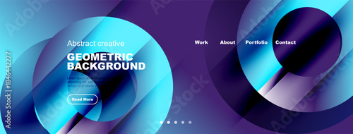 Abstract geometric background design. Blue gradients, flowing shapes, text elements present. Website header or banner style composition.