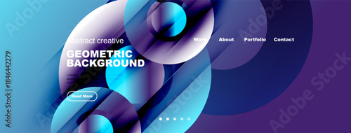 Dynamic abstract geometric background. Blue, purple gradients create modern design. Text elements present work, about, portfolio, contact options.