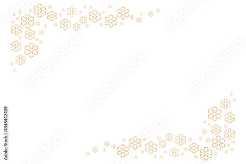 Elegant white background with scattered golden snowflakes forming a decorative border frame, perfect for festive Christmas, winter holiday greeting cards, invitations, posters and seasonal designs.