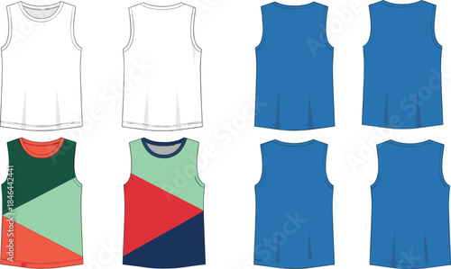 Vector illustration of sleeveless tank tops front and back views, plain white, solid blue, colorful geometric patterned designs, fashion apparel clothing set