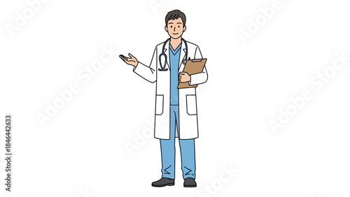 Doctor holding a clipboard with a stethoscope around his neck, wearing a lab coat and medical scrubs