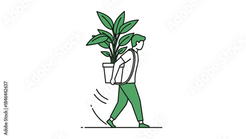 Man carrying a potted plant, illustration of person with greenery for indoor or outdoor space