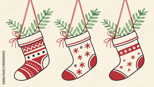Three christmas stockings with greenery, isolated on transparent background