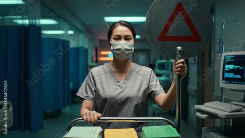 Nurse Pushes Cart With Medical Supplies While Holding Warning Sign
