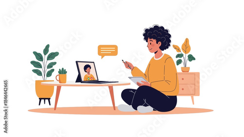 A woman participates in a video call while working on a tablet, surrounded by plants and home decor, illustrating remote work or online learning