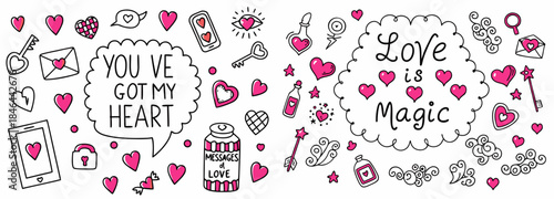 Valentine's Day doodle illustrations with love messages