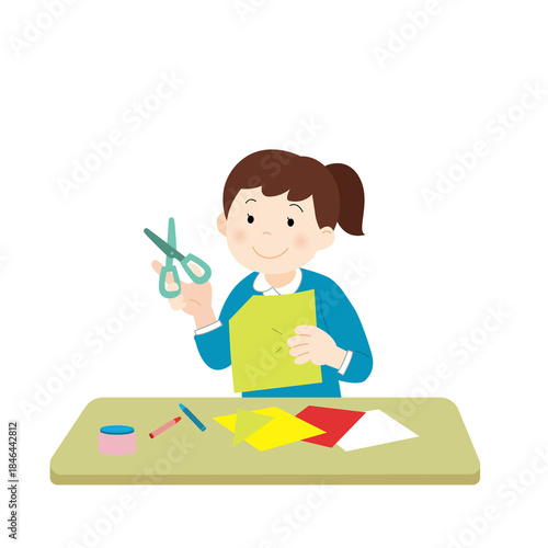 工作をする女の子　はさみと色紙で遊ぶ子ども