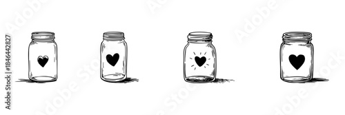 Heart In Mason Jar Doodle Sketch Set. Love, Preservation, And Sentimentality In Hand Drawn Style Collection. Romantic And Nostalgic Symbolism. Hand Drawn Isolated Vector Illustration