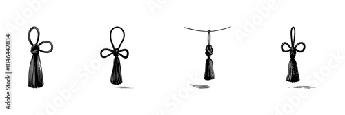 Tassel And Knot Doodle Sketch Set. Decorative Tassel Designs And Knot Variations In Hand Drawn Style Collection. Elegant Ornamentation And Craftsmanship. Isolated Vector Illustration