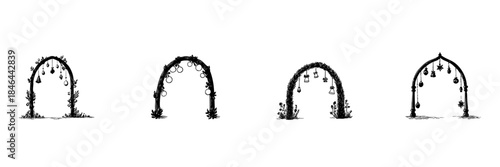 Decorative Garden Arches Doodle Sketch Set. Nature-Inspired Archways With Hanging Ornaments In Hand Drawn Style Collection. Elegant Outdoor Decor Elements. Isolated Vector Illustration