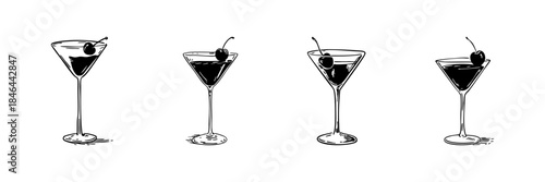 Cocktail Glasses With Cherries Doodle Sketch Set. Elegant Beverage Presentation And Mixology Art In Hand Drawn Style Collection. Perfect For Bars And Restaurants. Isolated Vector Illustration