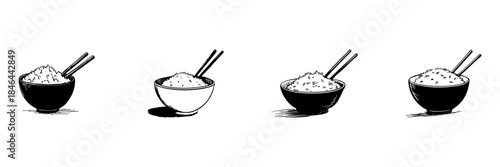 Bowls Of Rice With Chopsticks Doodle Sketch Set. Asian Cuisine And Dining Culture In Hand Drawn Style Collection. Traditional Food Illustration. Isolated Vector Illustration