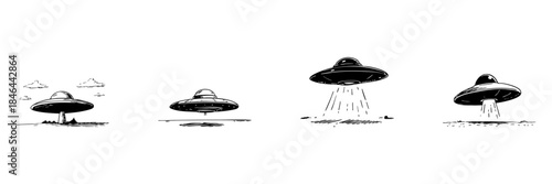 Ufo Spaceship Doodle Sketch Set. Extraterrestrial Exploration And Alien Encounter In Hand Drawn Style Collection. Sci-Fi And Space Adventure Theme. Hand Drawn Isolated Vector Illustration
