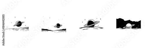 Saturn Over Landscape Doodle Sketch Set. Cosmic Exploration And Astronomy In Hand Drawn Style Collection. Celestial Bodies And Space Art. Isolated Vector Illustration