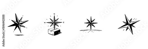 Compass Rose Doodle Sketch Set. Navigation And Direction Symbols In Hand Drawn Style Collection. Nautical And Geographic Orientation Elements. Isolated Vector Illustration