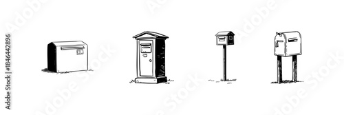 Mailboxes Doodle Sketch Set. Traditional And Modern Mailbox Designs In Hand Drawn Style Collection. Postal Service And Communication Symbols. Hand Drawn Isolated Vector Illustration