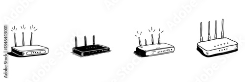 Wi-Fi Router Doodle Sketch Set. Wireless Internet Connectivity And Network Signal Transmission In Hand Drawn Style Collection. Technology And Communication Devices. Isolated Vector Illustration