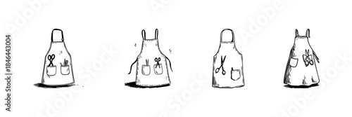 Aprons With Scissors And Tools Doodle Sketch Set. Crafting, Sewing, And Tailoring Essentials In Hand Drawn Style Collection. Artistic And Creative Workwear. Isolated Vector Illustration