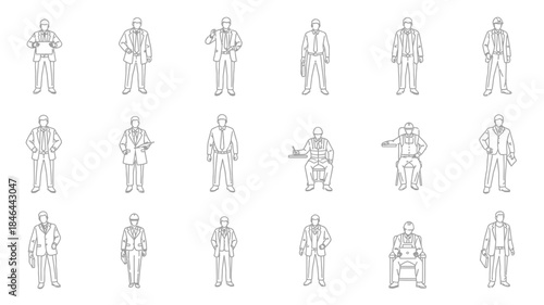Line art depiction of various people in formal wear a striking silhouette