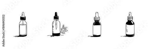 Dropper Bottles Doodle Sketch Set. Essential Oils, Aromatherapy, And Natural Remedies In Hand Drawn Style Collection. Herbal Medicine And Skincare. Hand Drawn Isolated Vector Illustration