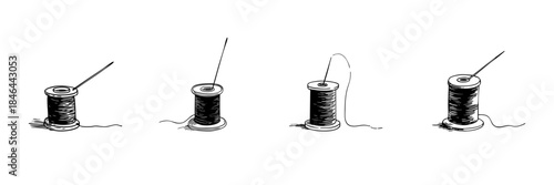 Spool Of Thread With Needle Doodle Sketch Set. Sewing, Tailoring, And Crafting Essentials In Hand Drawn Style Collection. Textile And Fashion Design Elements. Hand Drawn Isolated Vector Illustration