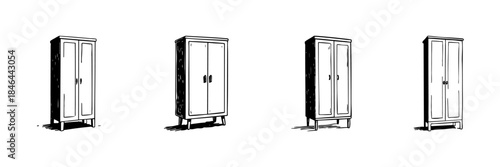 Wardrobe Cabinet Doodle Sketch Set. Storage Solutions And Interior Design Elements In Hand Drawn Style Collection. Furniture Illustration For Home Organization. Isolated Vector Illustration