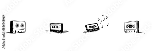 Cassette Tape Doodle Sketch Set. Retro Music, Audio Recording, And Vintage Sound In Hand Drawn Style Collection. Nostalgic Media Representation. Hand Drawn Isolated Vector Illustration