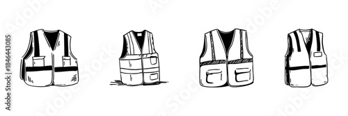 Safety Vest Doodle Sketch Set. High Visibility Workwear And Protective Gear In Hand Drawn Style Collection. Construction And Industrial Safety Apparel. Isolated Vector Illustration