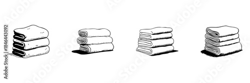 Folded Towels Doodle Sketch Set. Home Organization And Linen Storage In Hand Drawn Style Collection. Neat And Tidy Household Essentials. Isolated Vector Illustration