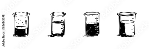 Laboratory Beakers Doodle Sketch Set. Scientific Experimentation And Chemical Analysis In Hand Drawn Style Collection. Educational And Research Illustration. Isolated Vector Illustration