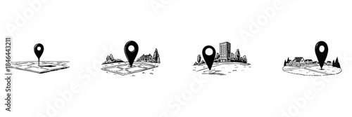 Map Location Pin Doodle Sketch Set. Navigation And Geolocation In Urban And Rural Settings In Hand Drawn Style Collection. City And Countryside Mapping. Hand Drawn Isolated Vector Illustration