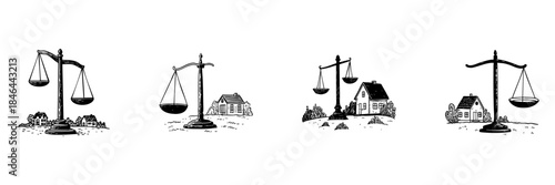 Scales And Houses Doodle Sketch Set. Real Estate Valuation And Property Balance In Hand Drawn Style Collection. Legal And Financial Concepts. Isolated Vector Illustration