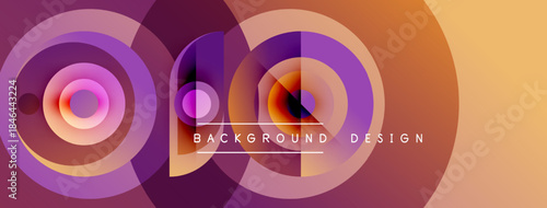 Abstract circles overlap, creating vibrant color gradients. Design features purple, orange hues with text elements. Modern aesthetic.