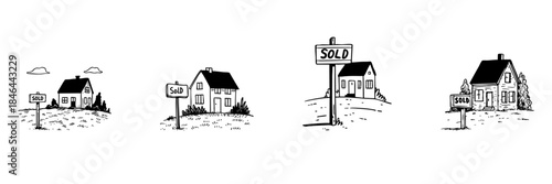 House With Sold Sign Doodle Sketch Set. Real Estate Transactions And Property Sales In Hand Drawn Style Collection. Homeownership And Market Success. Hand Drawn Isolated Vector Illustration