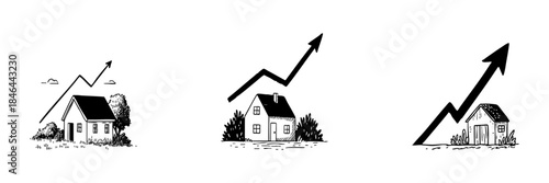 House With Upward Arrow Doodle Sketch Set. Real Estate Growth, Property Value Increase, And Market Trends In Hand Drawn Style Collection. Investment Opportunities. Isolated Vector Illustration