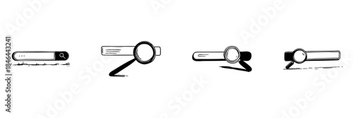 Search Bar And Magnifying Glass Doodle Sketch Set. Online Search, Information Retrieval, And Web Navigation In Hand Drawn Style Collection. Isolated Vector Illustration