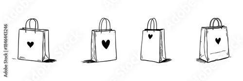 Shopping Bags With Heart Doodle Sketch Set. Love And Eco-Friendly Retail Concept In Hand Drawn Style Collection. Sustainable Shopping And Gift Packaging. Hand Drawn Isolated Vector Illustration