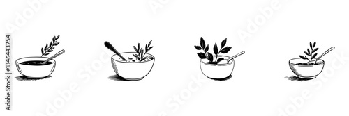 Herbal Soup Bowls Doodle Sketch Set. Culinary Herbs And Natural Ingredients In Hand Drawn Style Collection. Organic Cooking And Healthy Eating. Hand Drawn Isolated Vector Illustration