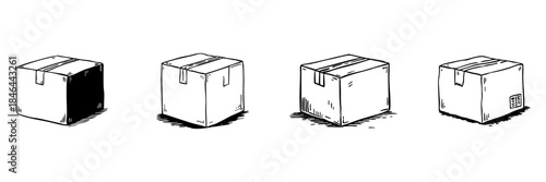 Cardboard Box Doodle Sketch Set. Shipping, Packaging, And Delivery Concepts In Hand Drawn Style Collection. Logistics And E-Commerce Illustration. Isolated Vector Illustration