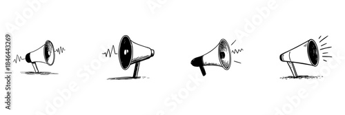 Megaphone Sound Waves Doodle Sketch Set. Amplification, Communication, And Public Announcement In Hand Drawn Style Collection. Broadcasting And Promotion. Hand Drawn Isolated Vector Illustration