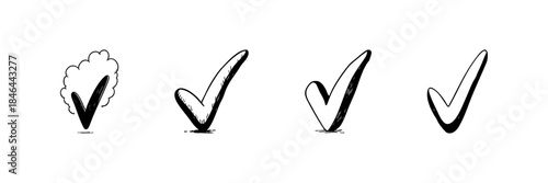 Check Mark Doodle Sketch Set. Symbol Of Approval, Completion, And Success In Hand Drawn Style Collection. Decorative Elements For Lists And Tasks. Isolated Vector Illustration