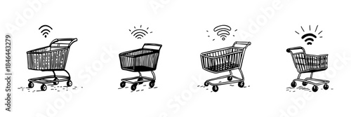 Shopping Cart With Wi-Fi Signal Doodle Sketch Set. Smart Retail Technology And Connected Shopping Experience In Hand Drawn Style Collection. E-Commerce Innovation. Isolated Vector Illustration
