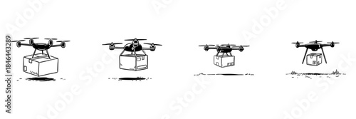 Drones Delivering Packages Doodle Sketch Set. Aerial Delivery And Logistics Innovation In Hand Drawn Style Collection. Modern Transportation And E-Commerce Solutions. Isolated Vector Illustration