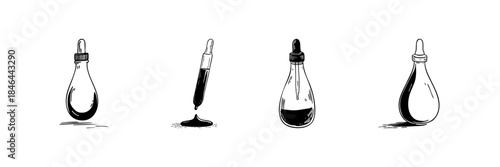 Dropper Bottles And Pipette Doodle Sketch Set. Liquid Dispensing And Measurement In Hand Drawn Style Collection. Laboratory And Skincare Applications. Isolated Vector Illustration