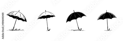 Umbrella Doodle Sketch Set. Weather Protection And Rainy Day Essentials In Hand Drawn Style Collection. Vintage And Artistic Umbrella Illustrations. Isolated Vector Illustration