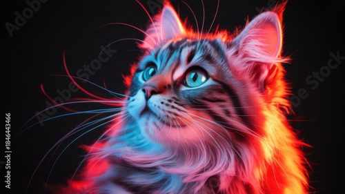 Enigmatic Feline Portrait: An alluring cat is bathed in a captivating blend of vibrant red and blue hues, creating an atmosphere of mystery and intrigue.