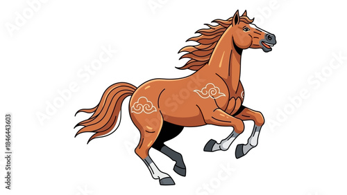 Dynamic illustration of a galloping brown horse with flowing mane