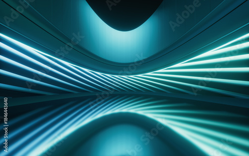 Fototapeta Naklejka Na Ścianę i Meble -  Dark round building with glowing neon lines, 3d rendering.